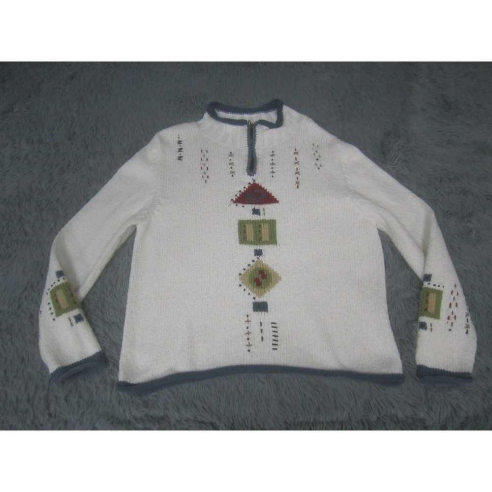 Sahalie Sweater Womens Medium White Blue 1/4 Zip Up Casual‎ Long Sleeve Knit